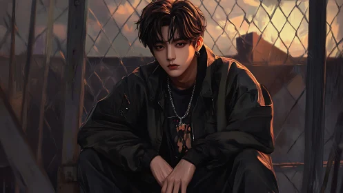 Brooding rooftop portrait of youth in dusk streetwear.