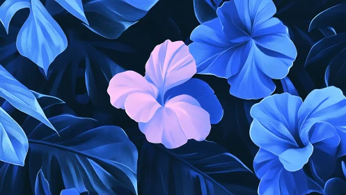Luminescent Floral Composition: Pink Iris Amid Blue Botanicals.