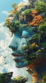 Serene stone face merged with floating cliffs and trees.