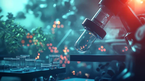 Microscope and glassware in glowing biotech lab scene.