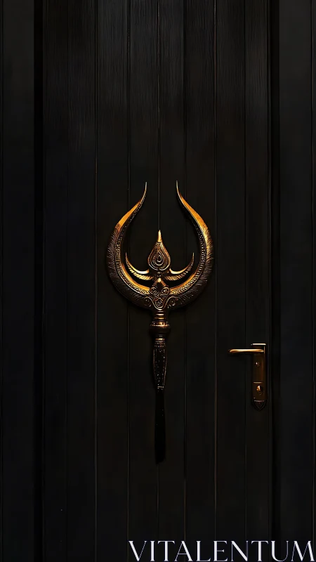 Midnight door crowned by sacred golden trident emblem.