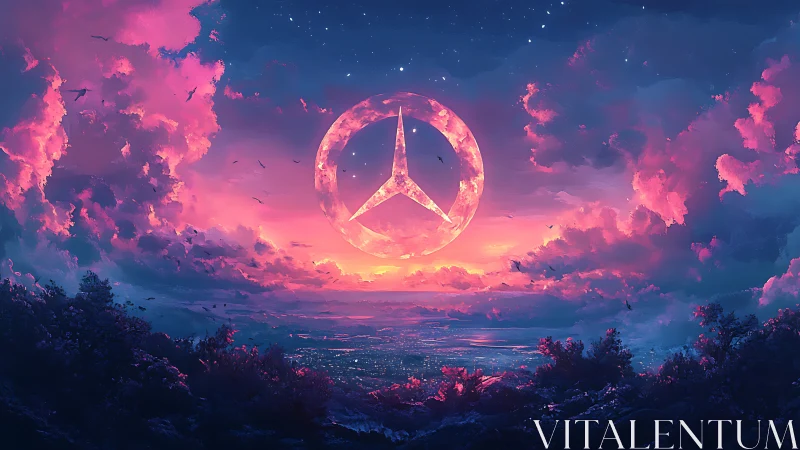 Celestial emblem glowing above neon dusk horizonscape.