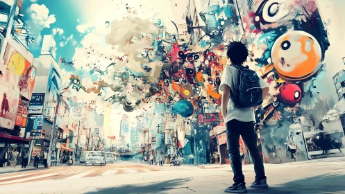 Urban street scene shows youth facing abstract floating forms