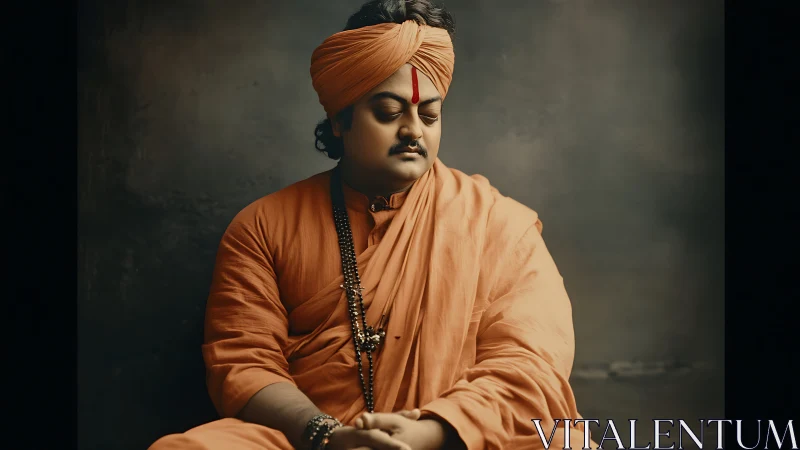 Saffron-robed mystic in silent, inward sunrise of thought.