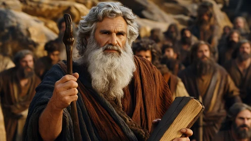 Bearded elder holds staff and book before gathered followers