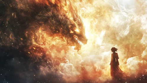 Fiery celestial dragon confronts lone figure in blazing clouds