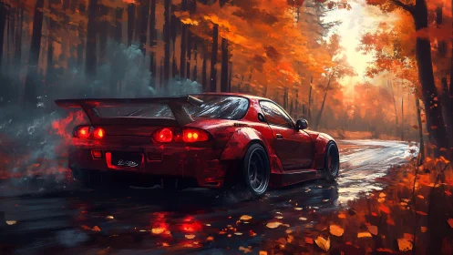 Crimson drift car racing through a misty autumn forest road.