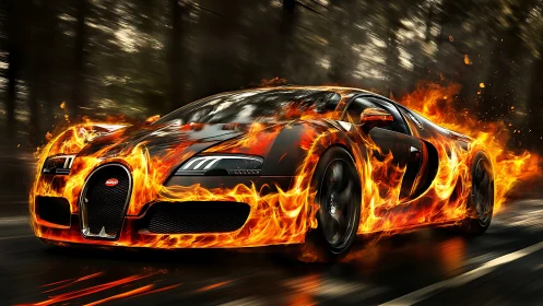 Bugatti Veyron engulfed in dynamic flame effects during high-speed motion.