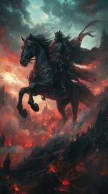 Armored rider on black horse crosses volcanic landscape