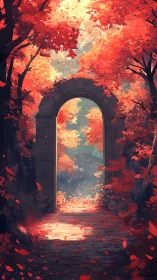 Autumn stone archway under luminous canopy in digital painting.