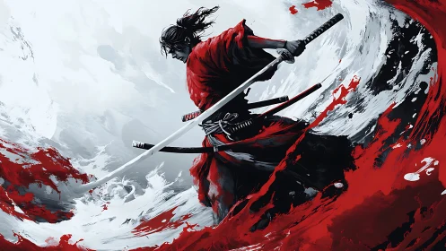 Crimson samurai turning storm-tossed battle into art.