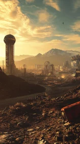 Sunlit futuristic valley city nestled beneath soft skies.