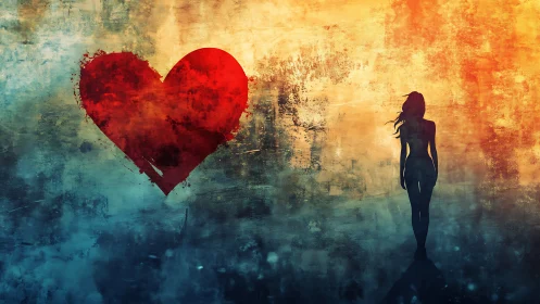 Silhouetted Figure Confronting Crimson Heart Within Atmospheric Textured Expanse