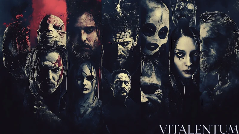 Collage of stylized distressed faces in dark vertical panels