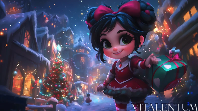 Cheerful girl carries gift through glowing snowy village streets.