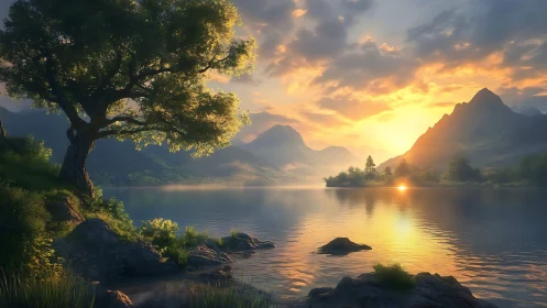 Sunlit mountain lake with lone tree beside reflective water