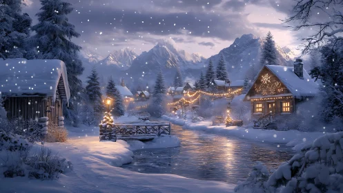 Winter alpine village rendered as luminous digital nightscape