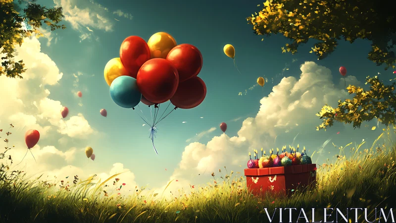 Balloons and Birthday Cake in Dreamscape Sky.