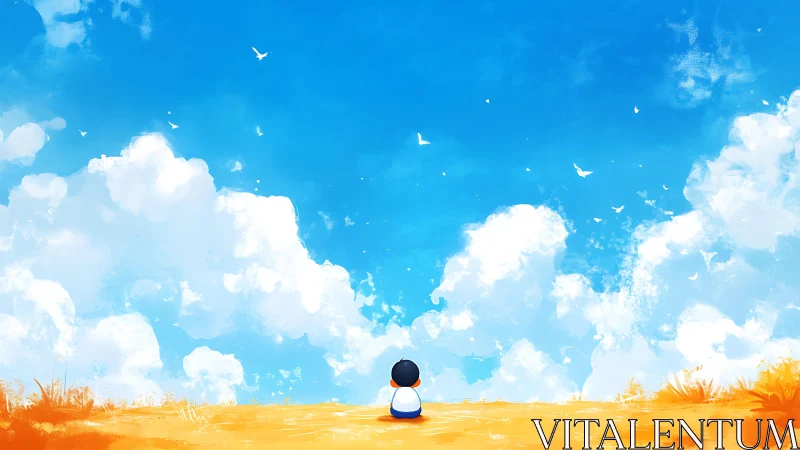 Small character under bright blue sky with clouds.