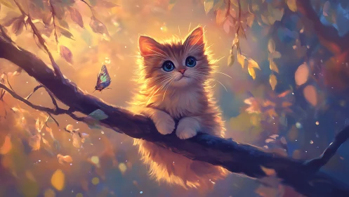 Kitten on Branch in Golden Autumn Light with Butterfly