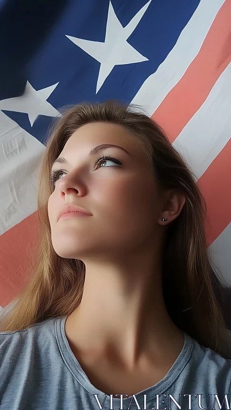 Woman looks upward in front of large American flag backdrop