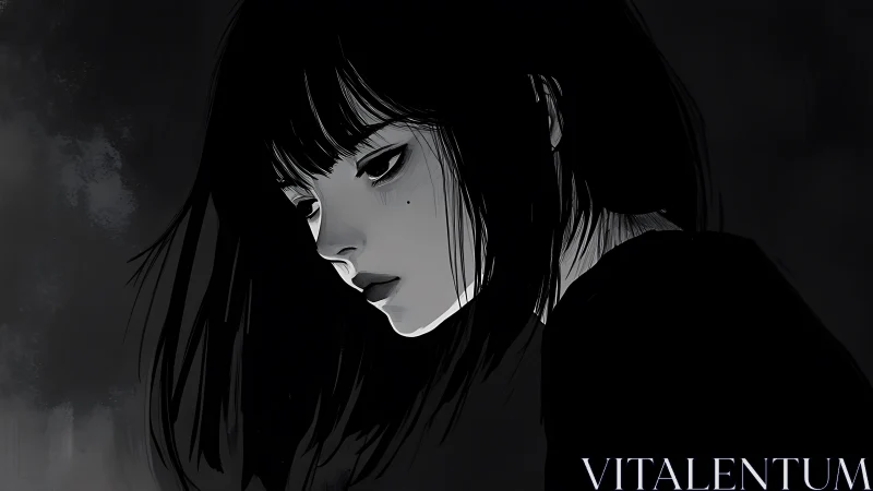 Solitary girl rendered in stark monochrome side profile