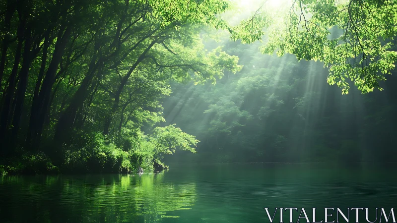 Sunlit Forest Lake with Lush Greenery and Tranquil Water Scene.