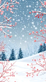Winter berries frame snowy hill under drifting snowflakes.