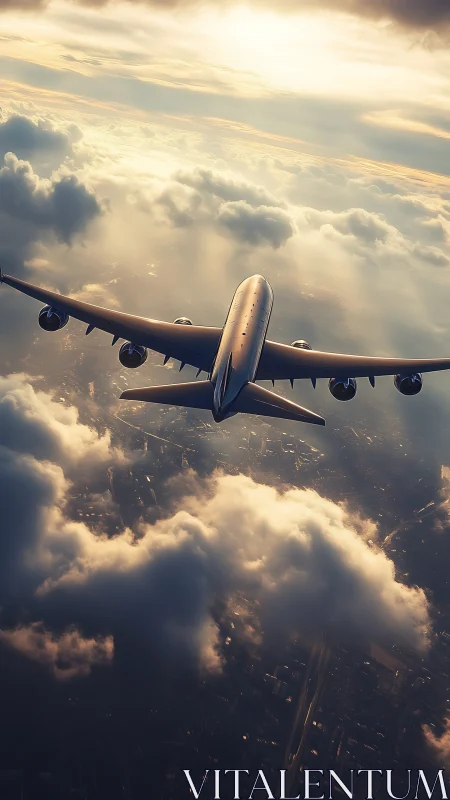 Sunlit jet gliding above cotton cities and molten clouds.