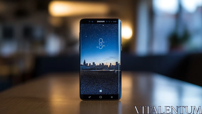 Samsung Galaxy S8 smartphone displays stunning city skyline wallpaper.