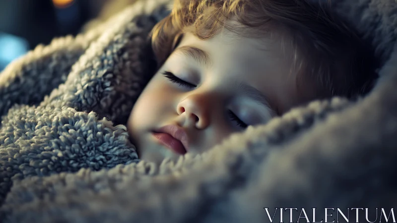 Peaceful child resting against soft textured fabric.