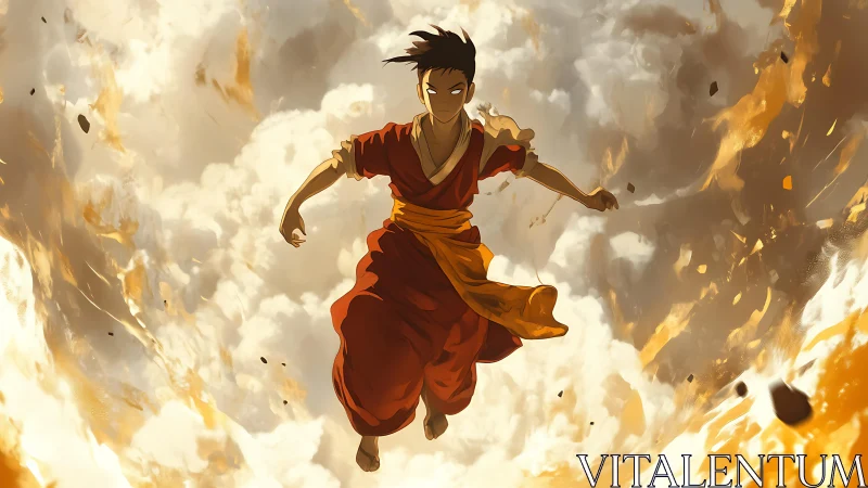 Fire-wreathed airborne warrior in dynamic cloud vortex