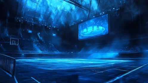 Futuristic arena glows in electric blue before the match begins