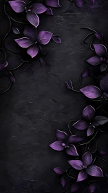 Purple Flowers on Black Textured Surface. Dark Botanical Art.