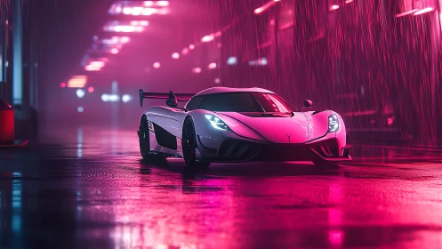 Neon streets embrace a sleek supercar in the midnight rain.