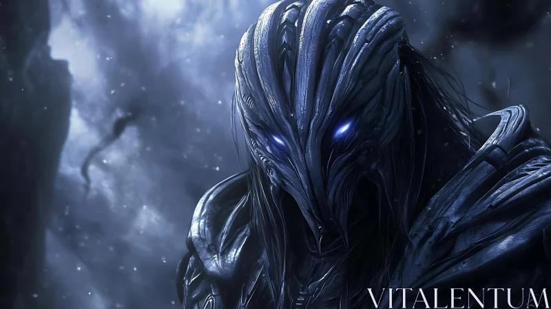 Midnight void warden with burning cobalt eyes ascends.