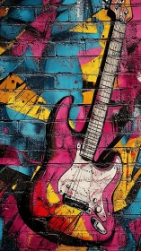 Electric guitar mural dominates vibrant graffiti brick wall