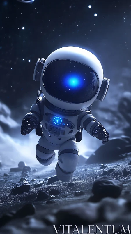 Futuristic childlike astronaut explores a luminous moonscape.