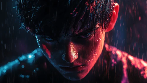 Neon rain chisels a fierce gaze from the stormlit youth