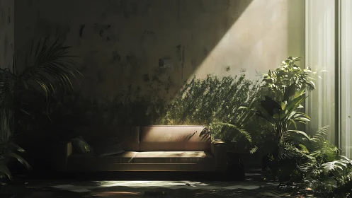 Digital painting of sunlit mossy sofa in overgrown interior.
