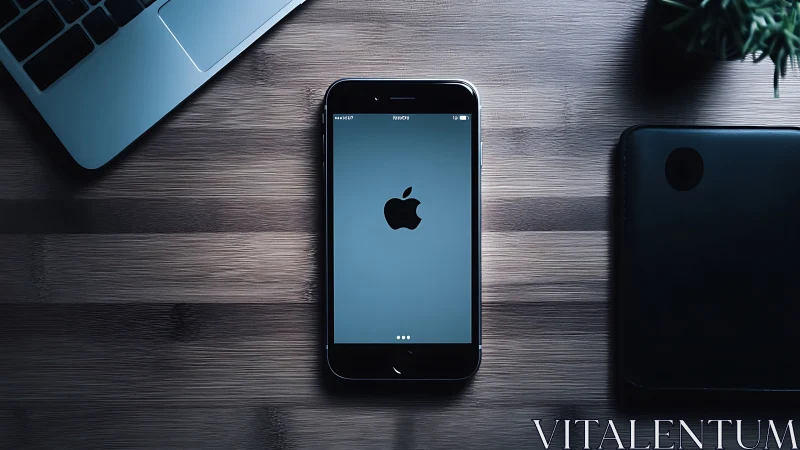 Apple iPhone on Wood Desk with Laptop and Workspace