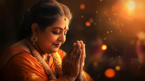 Elderly Woman in Orange Sari Praying at Sunset, Warm Lighting.