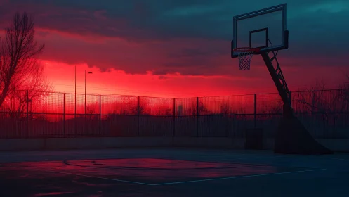 Quiet basketball court glows under a dramatic red sunset sky