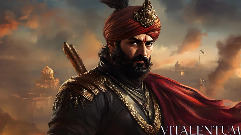 Warrior in ornate turban stands before smoky fortified city