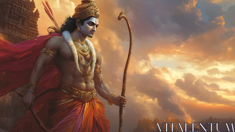 Sunlit warrior prince strides above burning horizon skies.