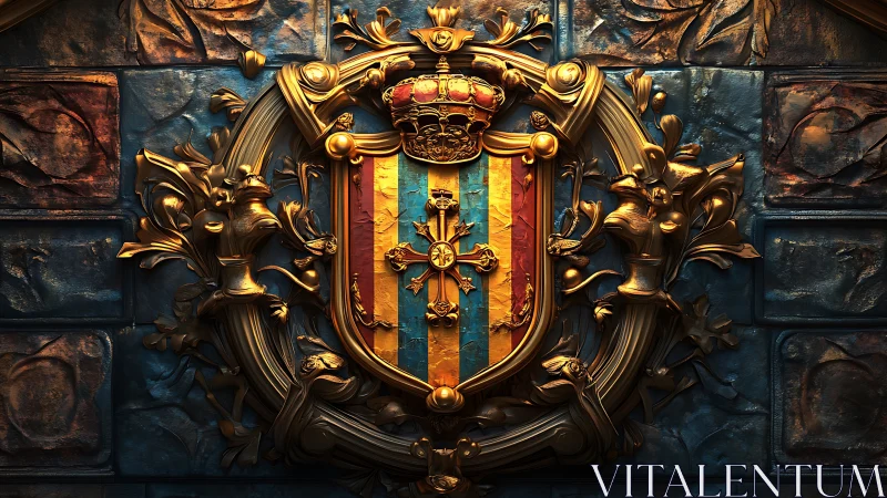 Regal crest gleams in ornate gold against weathered stone.