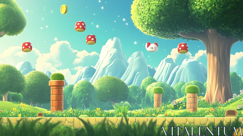 Sunny coin and mushroom adventure brightens a playful valley