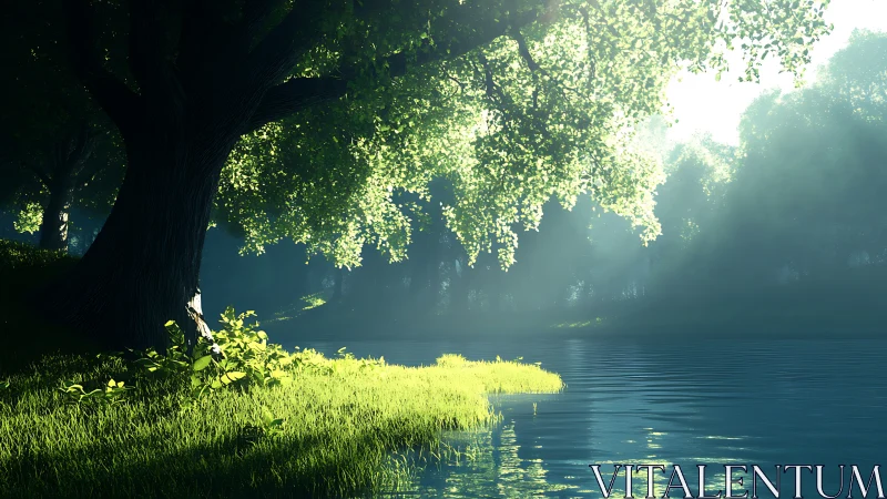 Sunlit forest tree leans over calm riverside water edge.