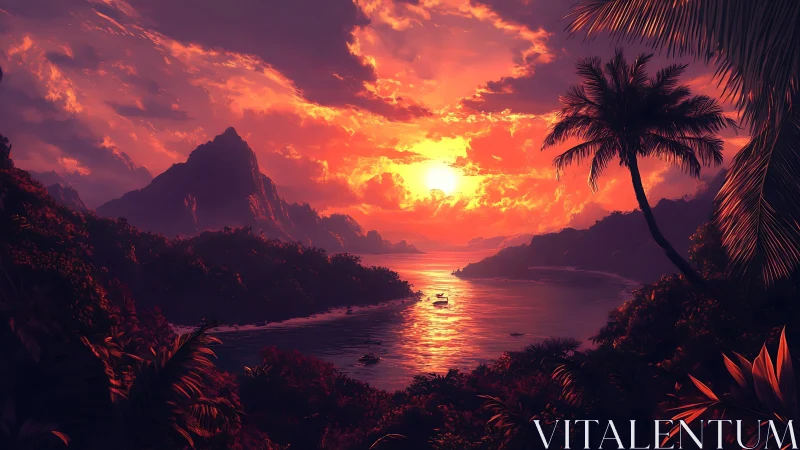 Sunset illuminates tropical bay with layered mountainous coastline