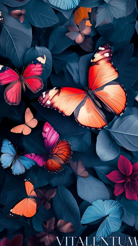 Butterflies rest on dark blue foliage with vivid contrast